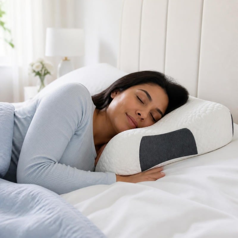 Mujer durmiendo de lado sobre la almohada CerviCare